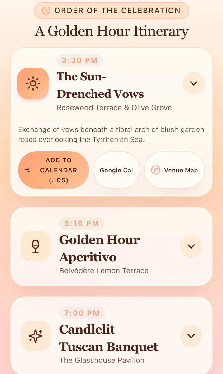 Golden Hour itinerary and timings from the Golden Hour & Peachy Glow wedding demo