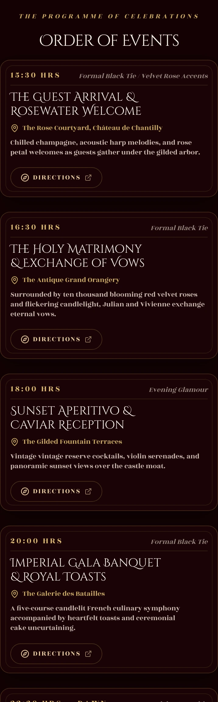 Order of events from the Velvet Red Roses & Antique Gold wedding demo